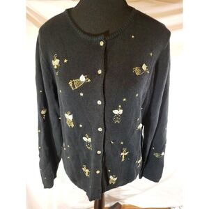 NWT Vtge 2005 Susan Bristol Black Angel Beaded Embroidered Button Front Cardigan